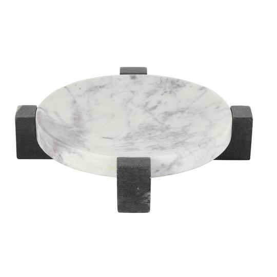 10" x 10" White with Black X-Shaped Base Marble Geometric Round Tray